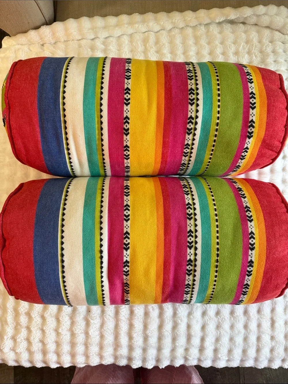 Colorful Striped Bolster Pillow Pair - Vibrant Red, Yellow & Green Accent
